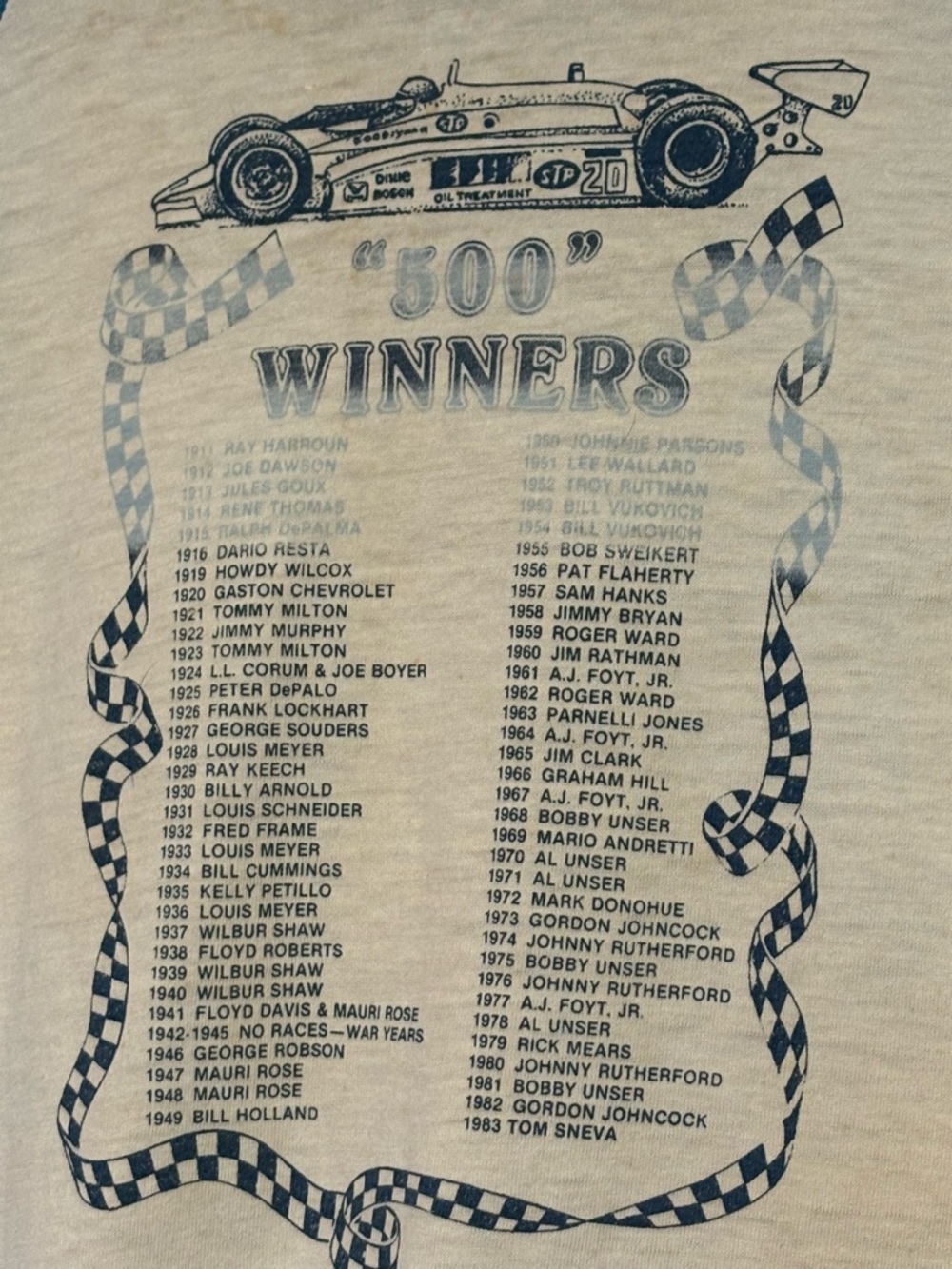 Indianapolis 500 Men's Raglan Tee Cream & Blue Vintage Racing Graphic 1983 RARE - Picture 5 of 10